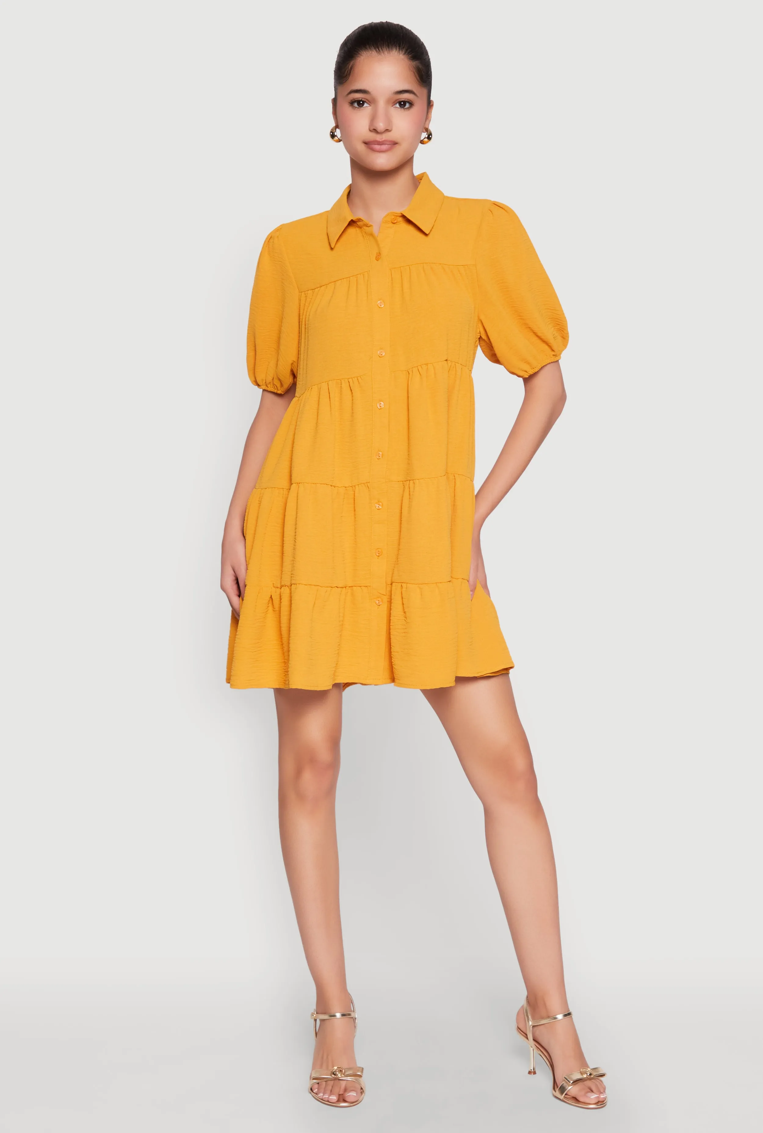 Airy Button Front Tiered Mini Dress sold by Rainbow