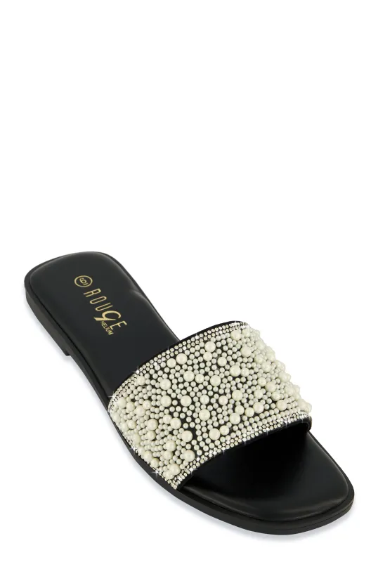 Rhinestone Trim Faux Pearl Band Slide Sandals sold by Rainbow