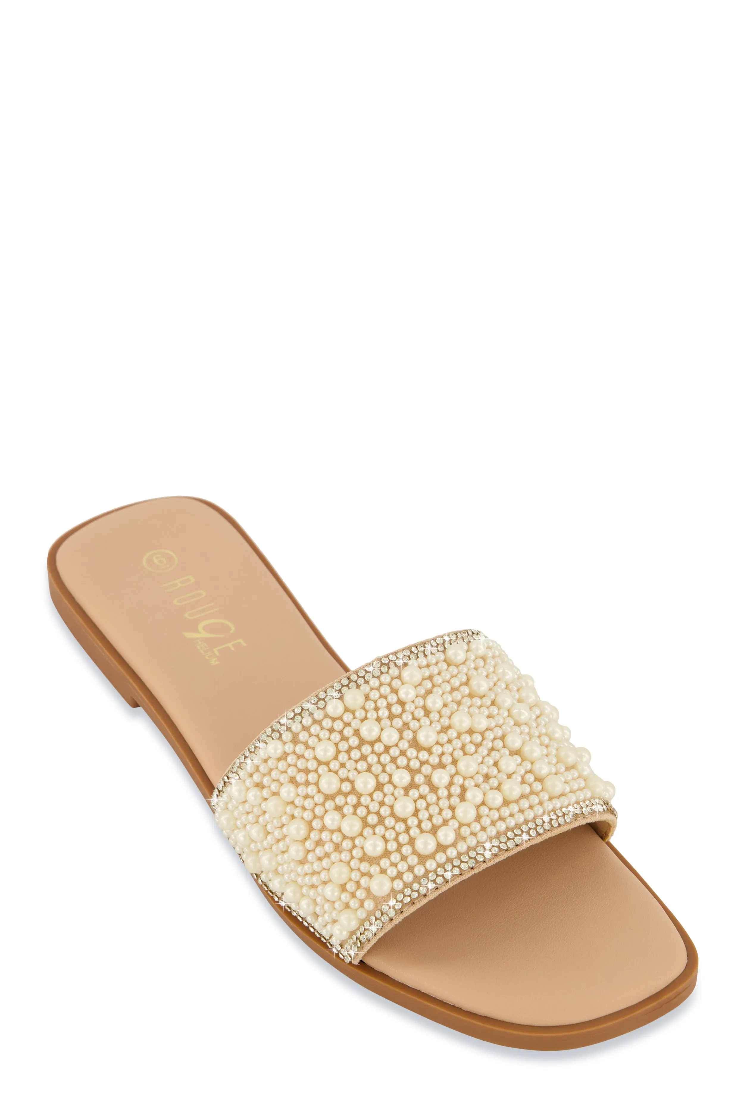 Rhinestone Trim Faux Pearl Band Slide Sandals sold by Rainbow