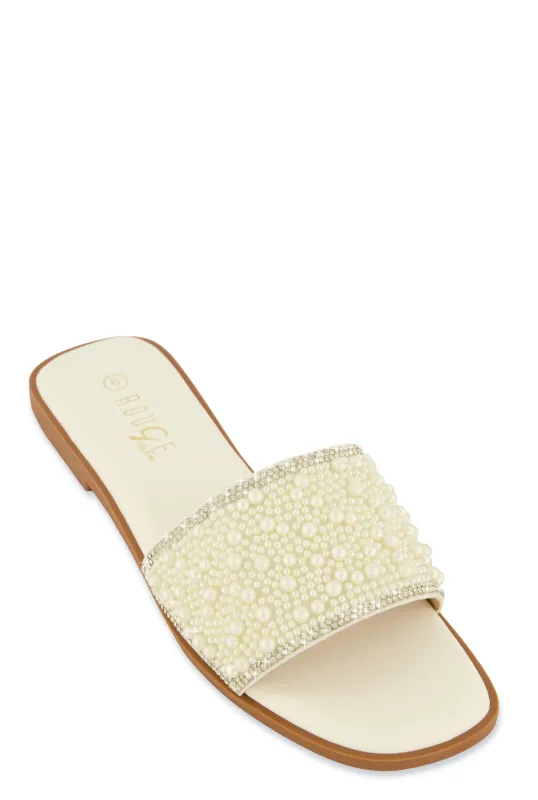 Rhinestone Trim Faux Pearl Band Slide Sandals sold by Rainbow