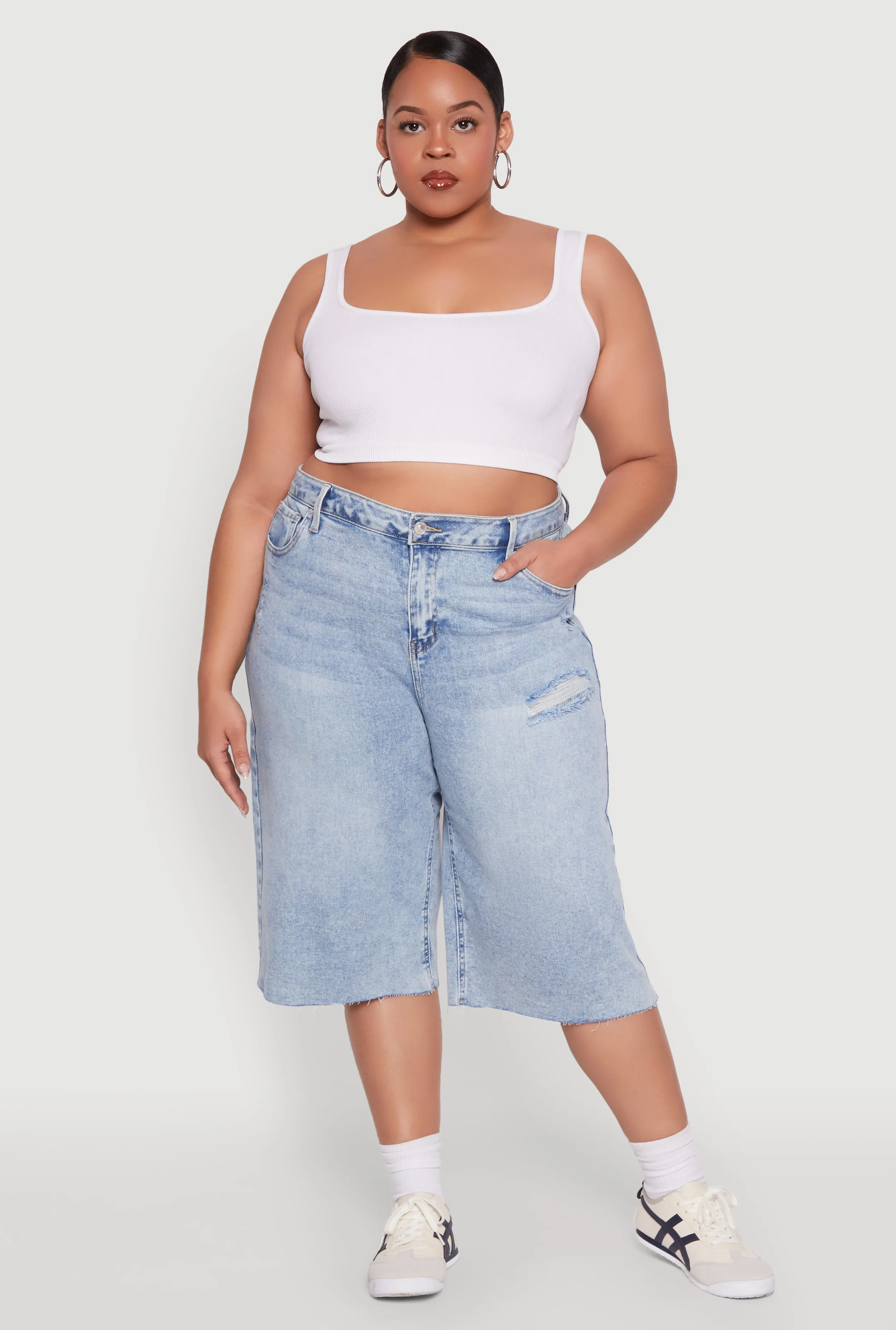 Plus Size Raw Hem Distressed Jorts sold by Rainbow