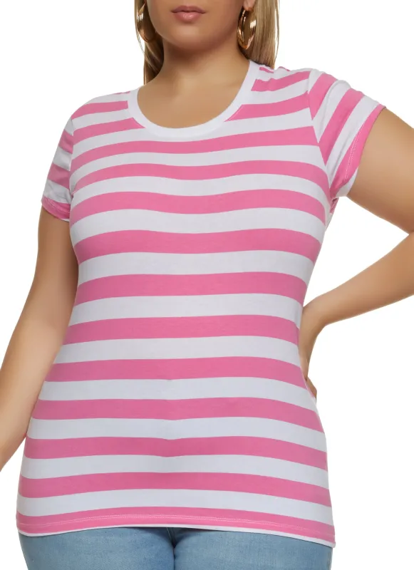 Plus Size Striped Crew Neck Tee sold by Rainbow
