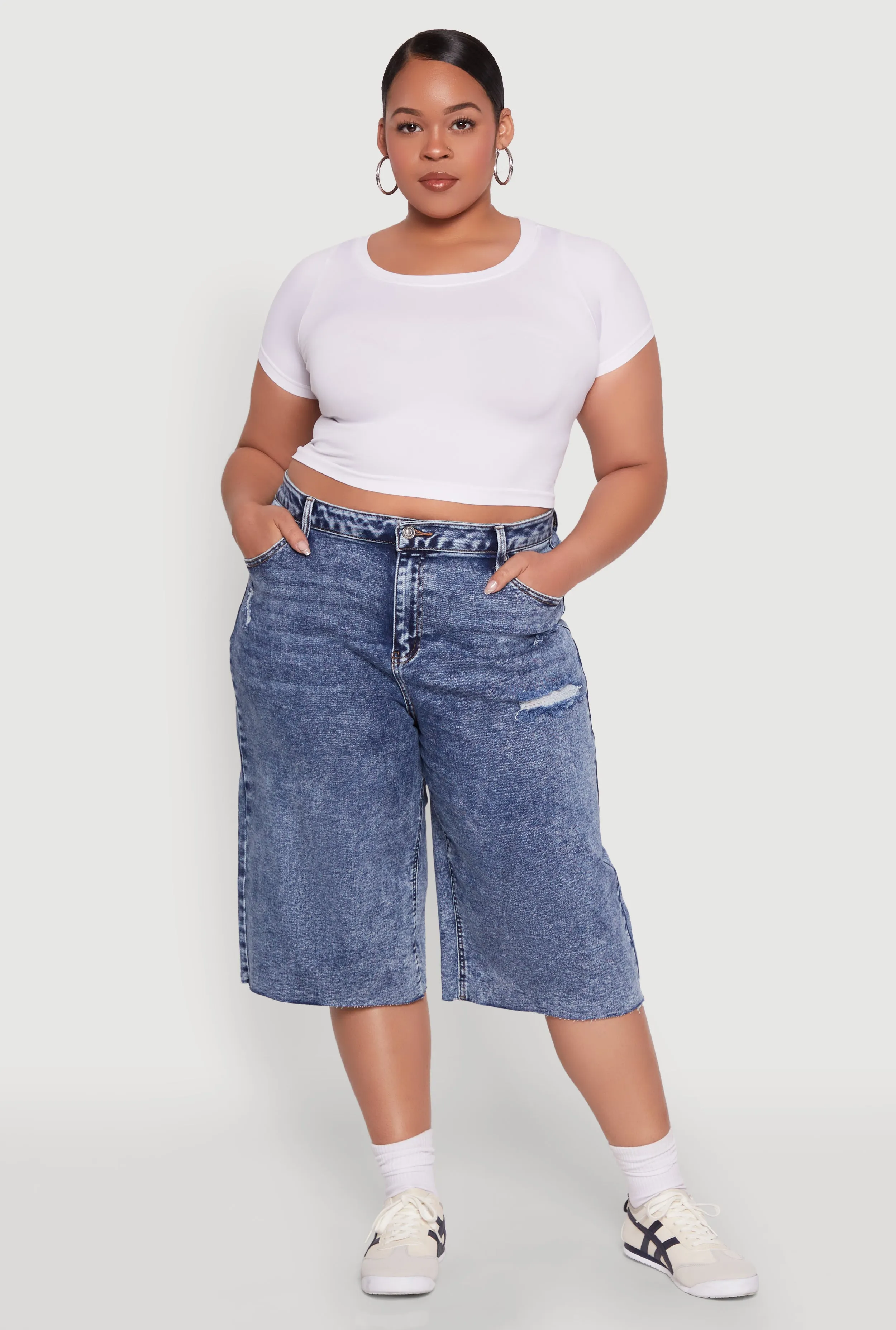 Plus Size Raw Hem Distressed Jorts sold by Rainbow