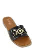 Metallic Pendant Faux Patent Leather Slide Sandals sold by Rainbow