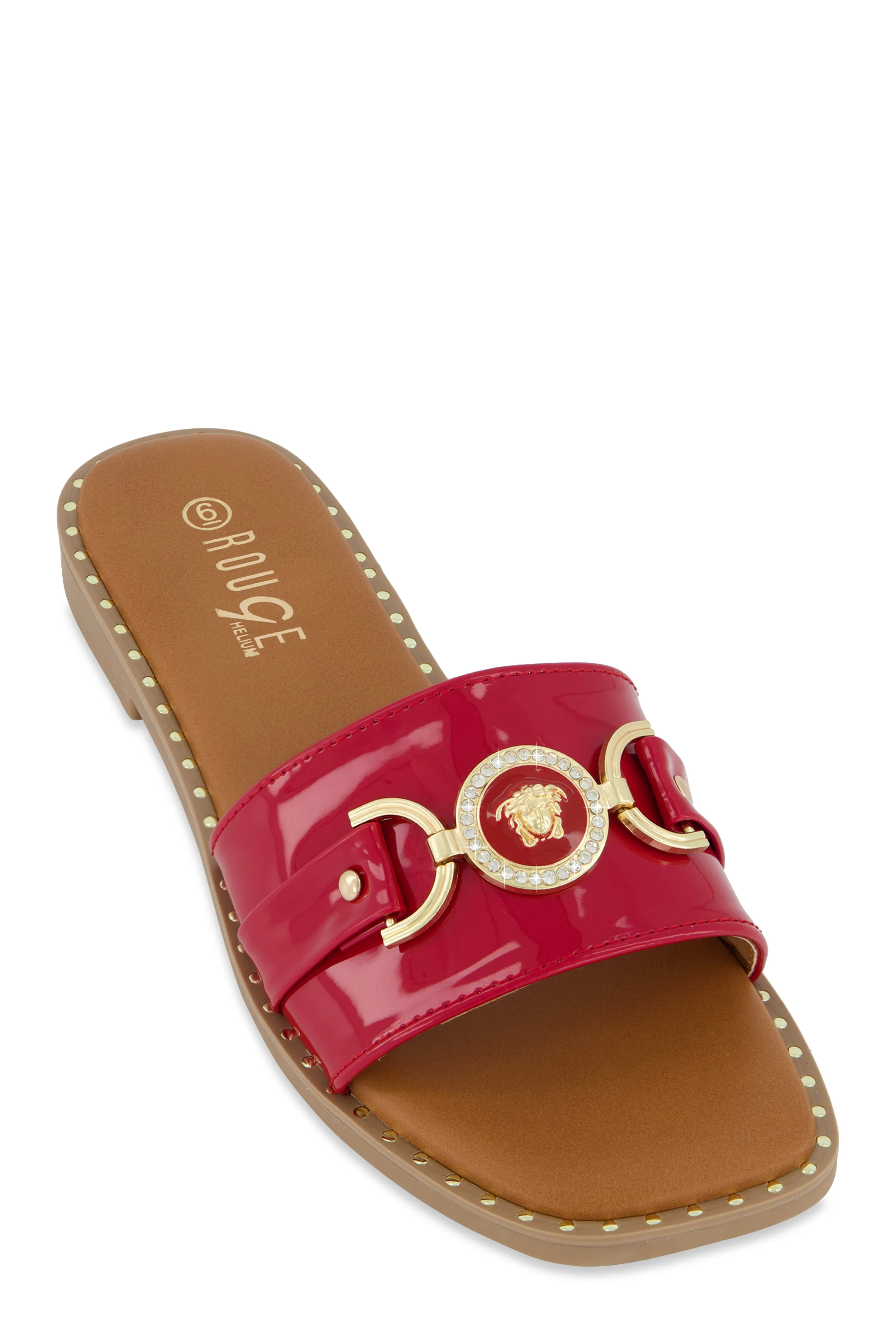 Metallic Pendant Faux Patent Leather Slide Sandals sold by Rainbow