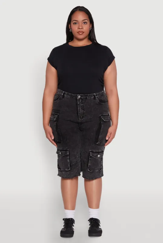 Plus Size Daisy Acid Wash Cargo Bermuda Shorts sold by Rainbow