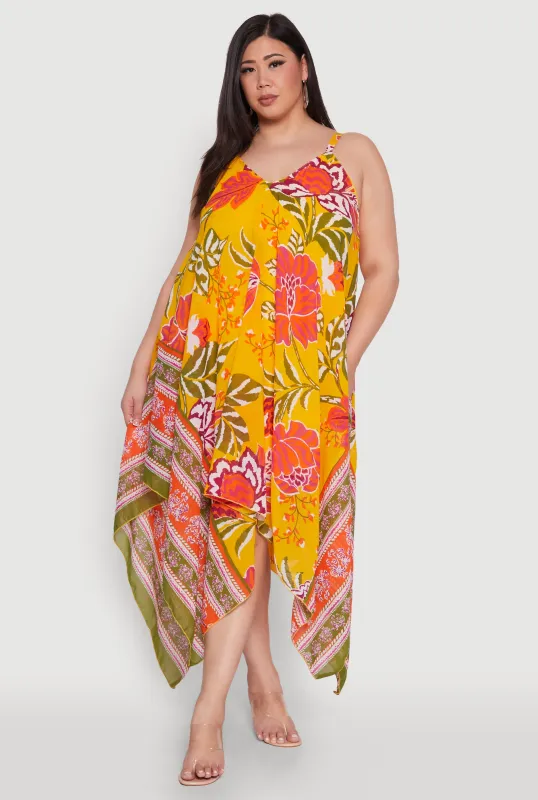 Plus Size Floral Graphic Sharkbite Hem Dress sold by Rainbow