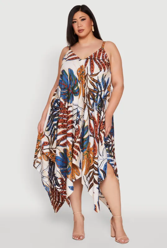 Plus Size Leaf Print Sharkbite Hem Dress sold by Rainbow
