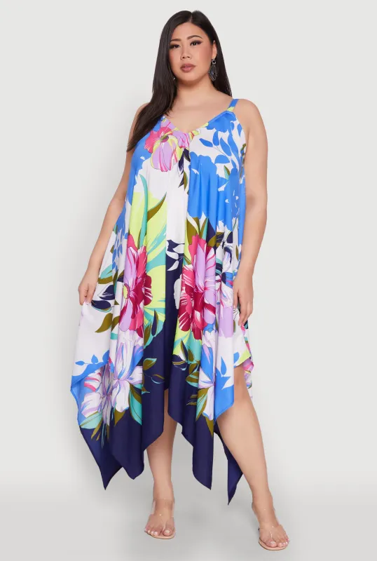Plus Size Floral Border Print Sharkbite Hem Dress sold by Rainbow
