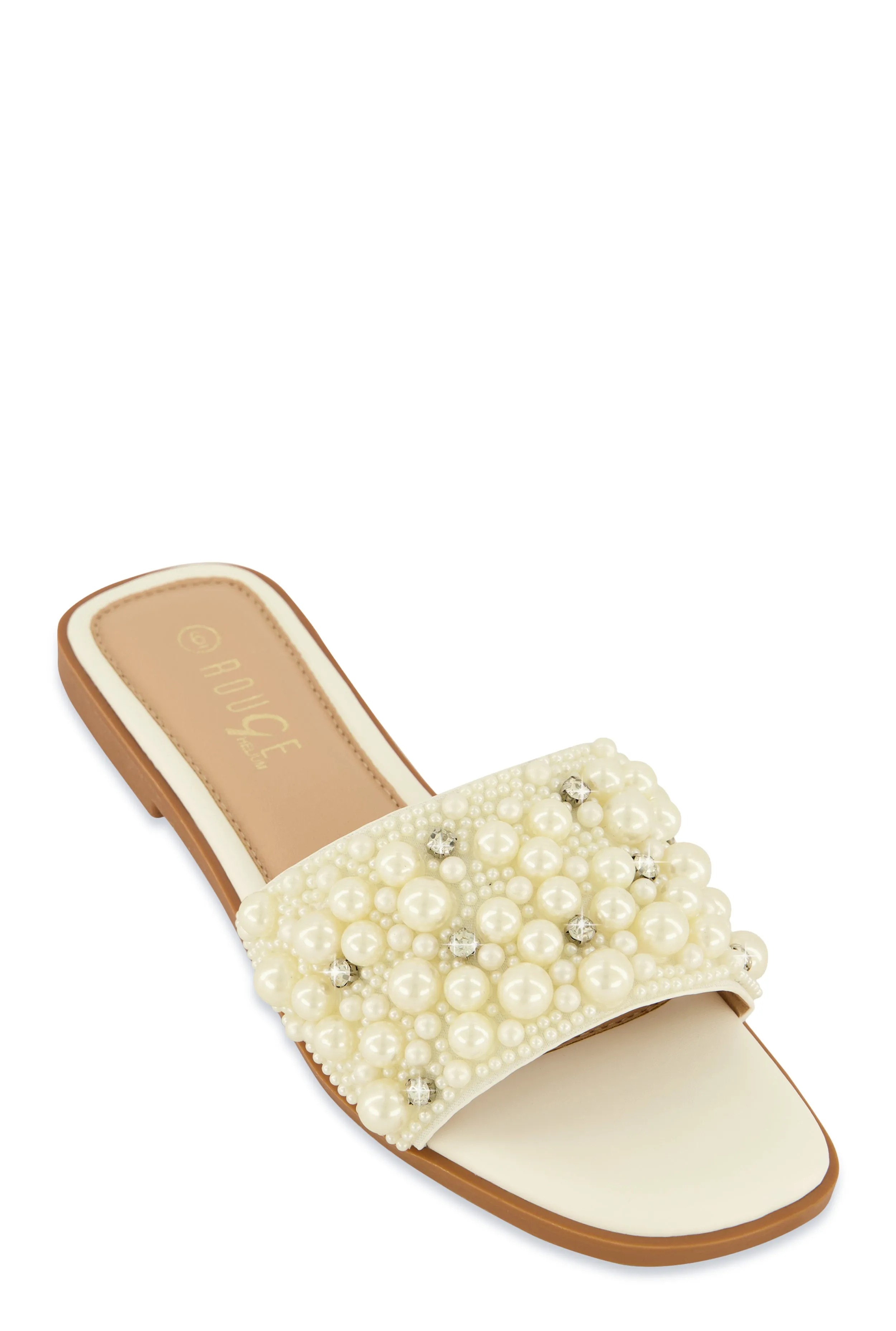 Faux Pearl Rhinestone Band Slide Sandals sold by Rainbow