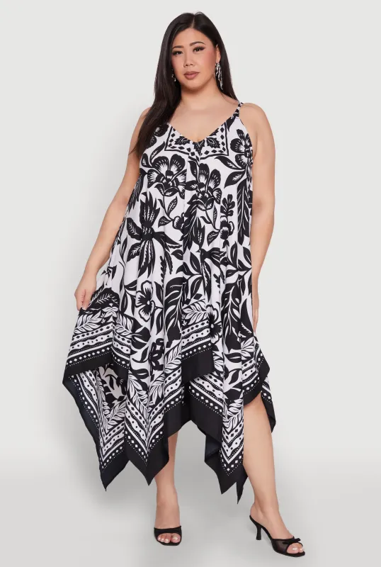 Plus Size Border Floral Print Sharkbite Hem Dress sold by Rainbow