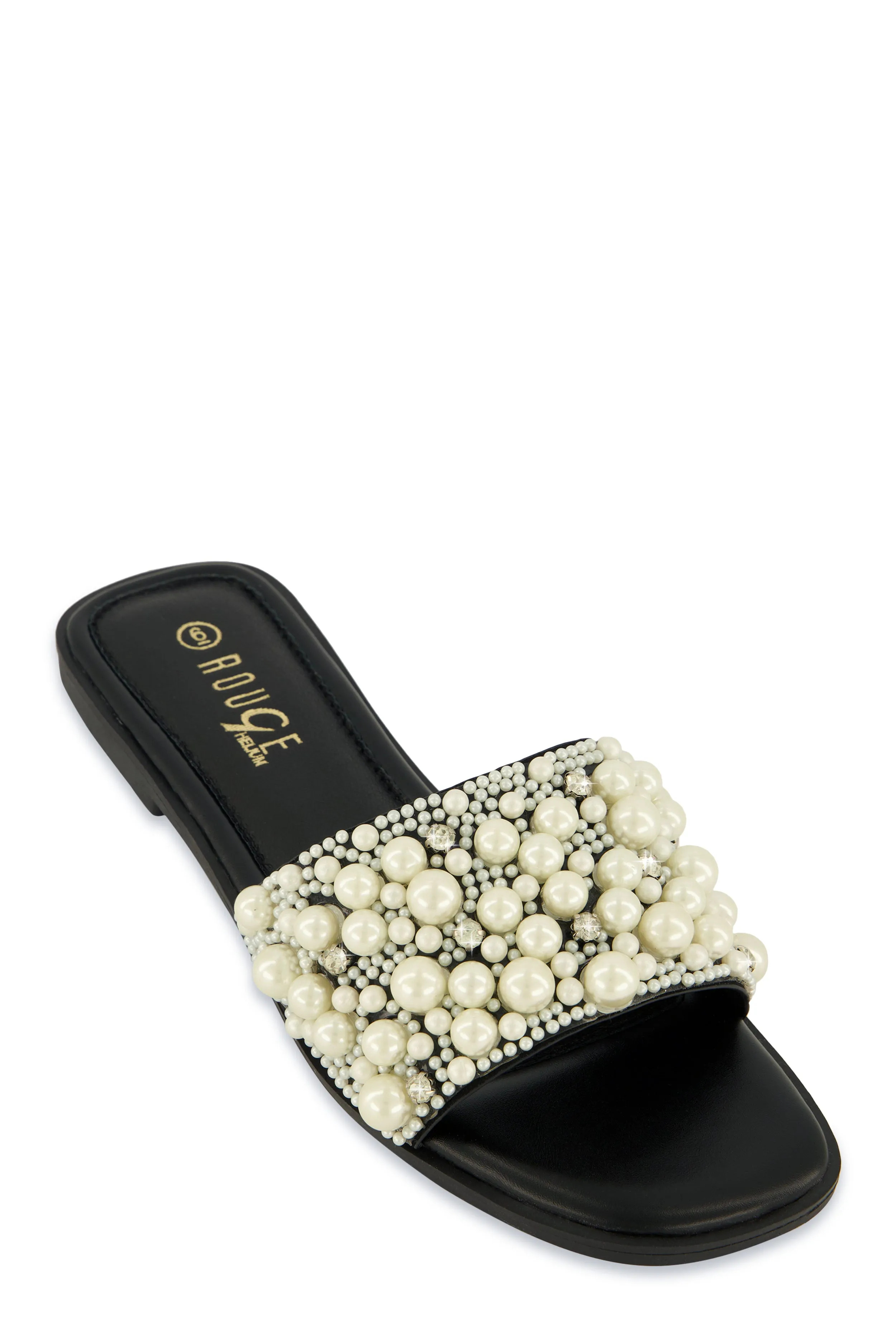 Faux Pearl Rhinestone Band Slide Sandals sold by Rainbow