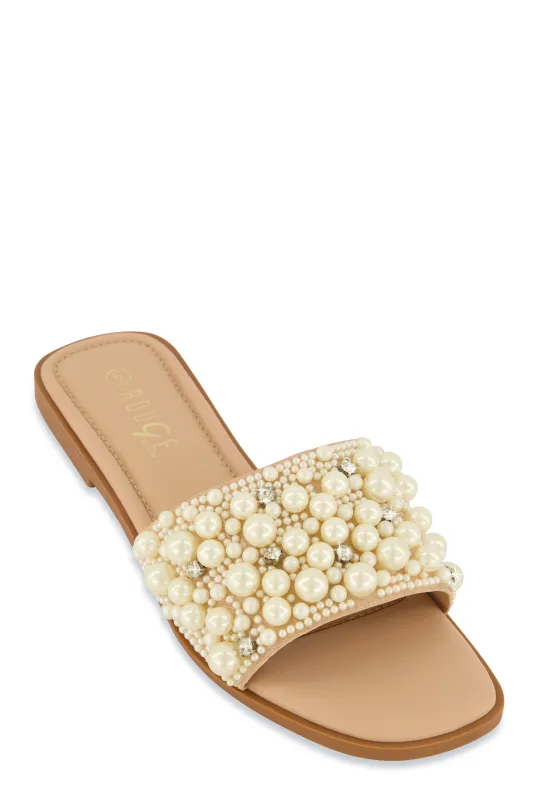 Faux Pearl Rhinestone Band Slide Sandals sold by Rainbow