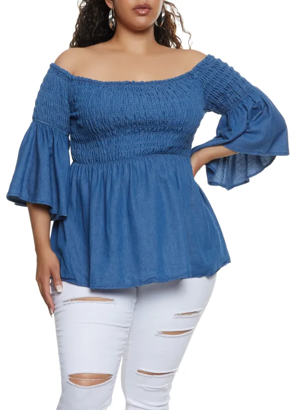 Plus Size Denim Off the Shoulder Smocked Top sold by Rainbow