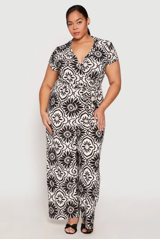 Plus Size Printed Pattern Faux Wrap Jumpsuit sold by Rainbow