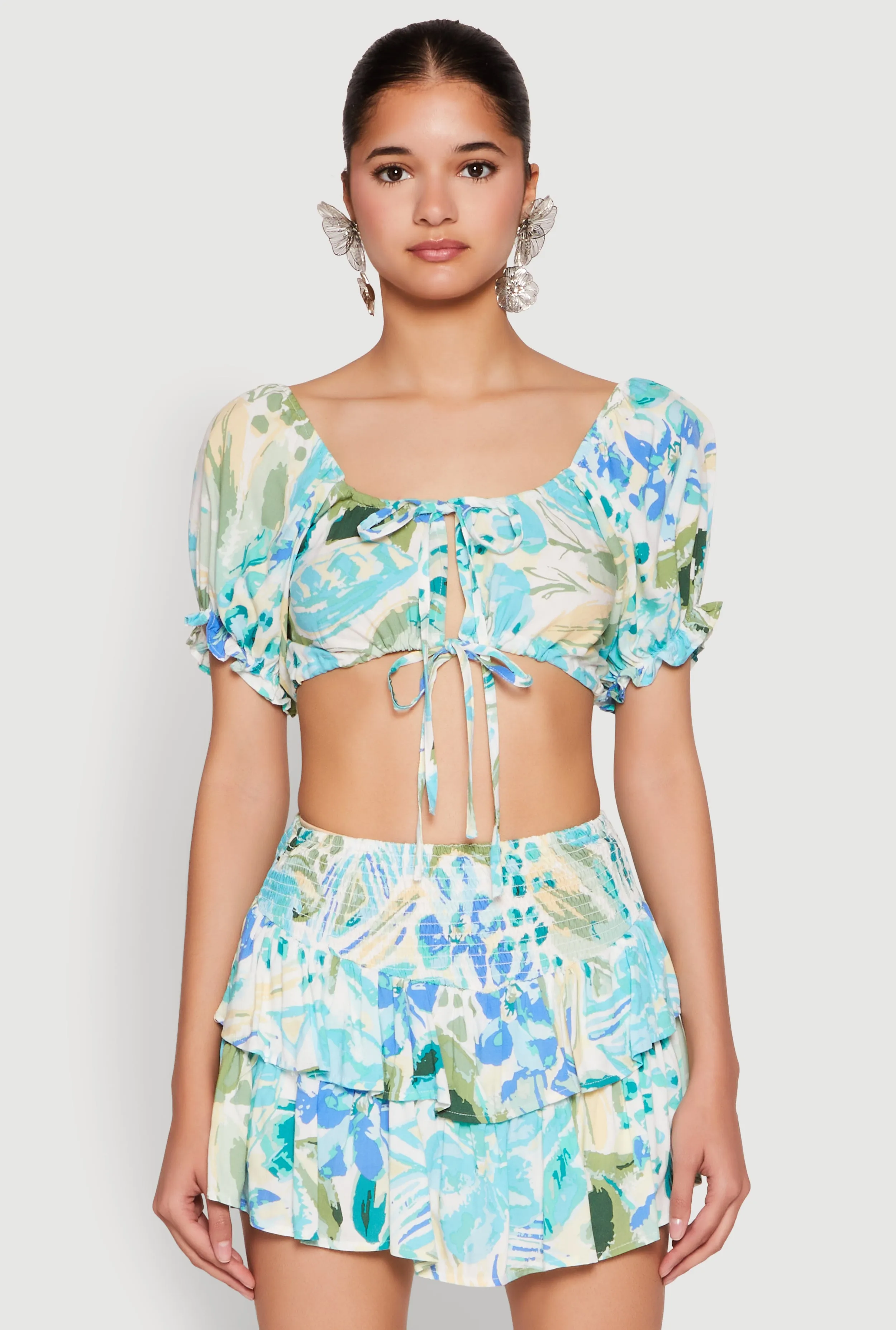 Abstract Print Drawstring Keyhole Crop Top sold by Rainbow