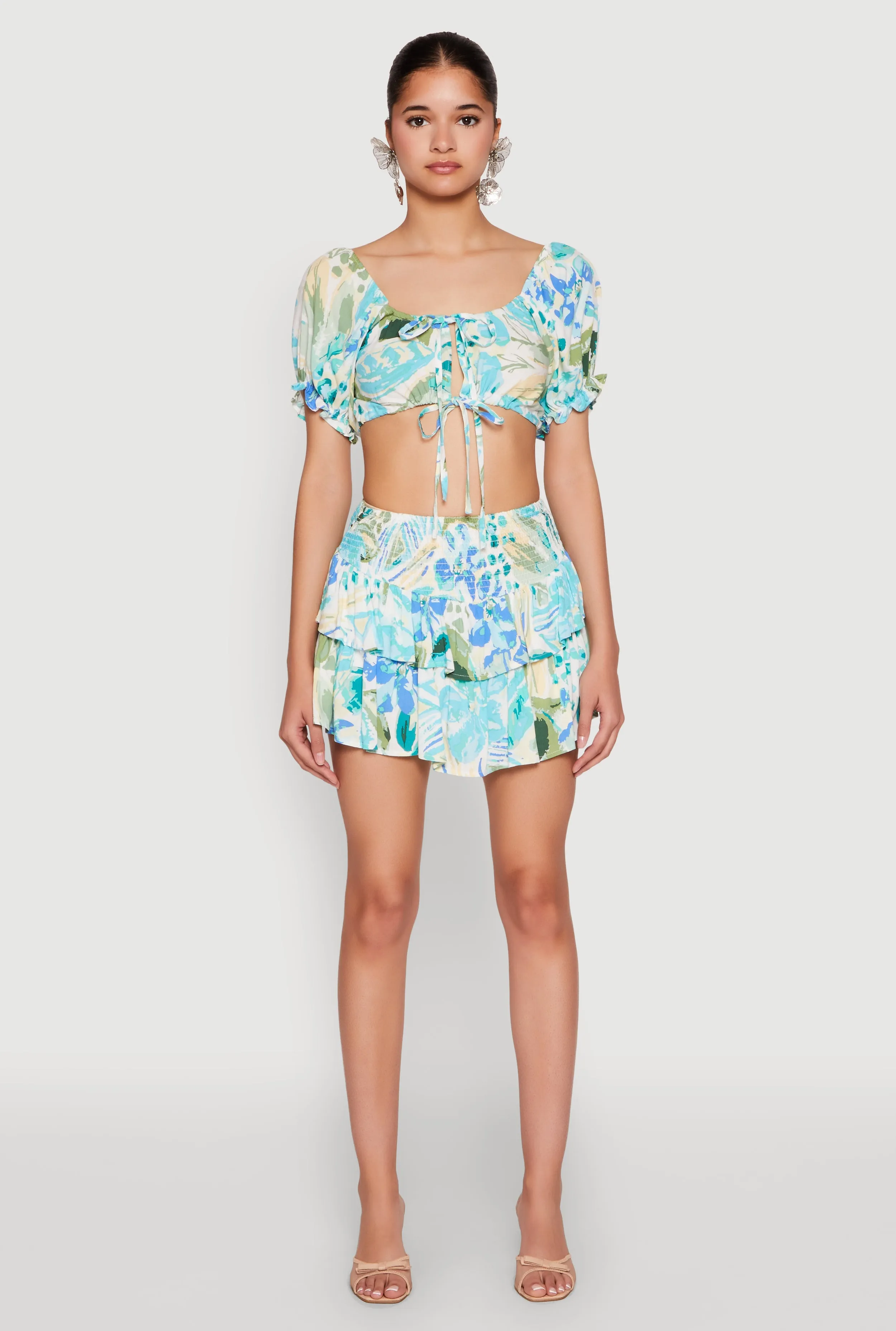 Printed Smock Waist Tiered Skort sold by Rainbow