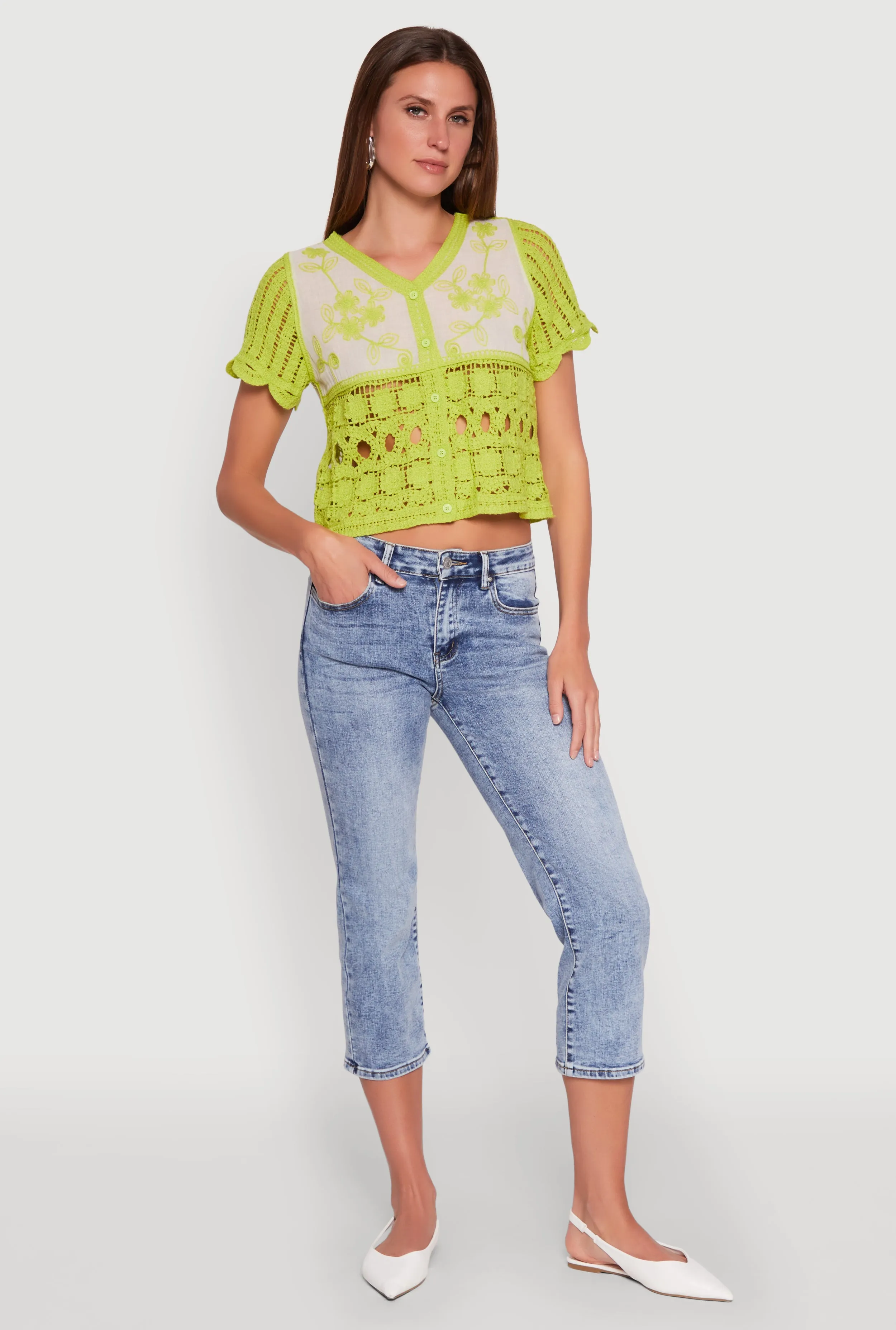 Floral Crochet Button Front Top sold by Rainbow