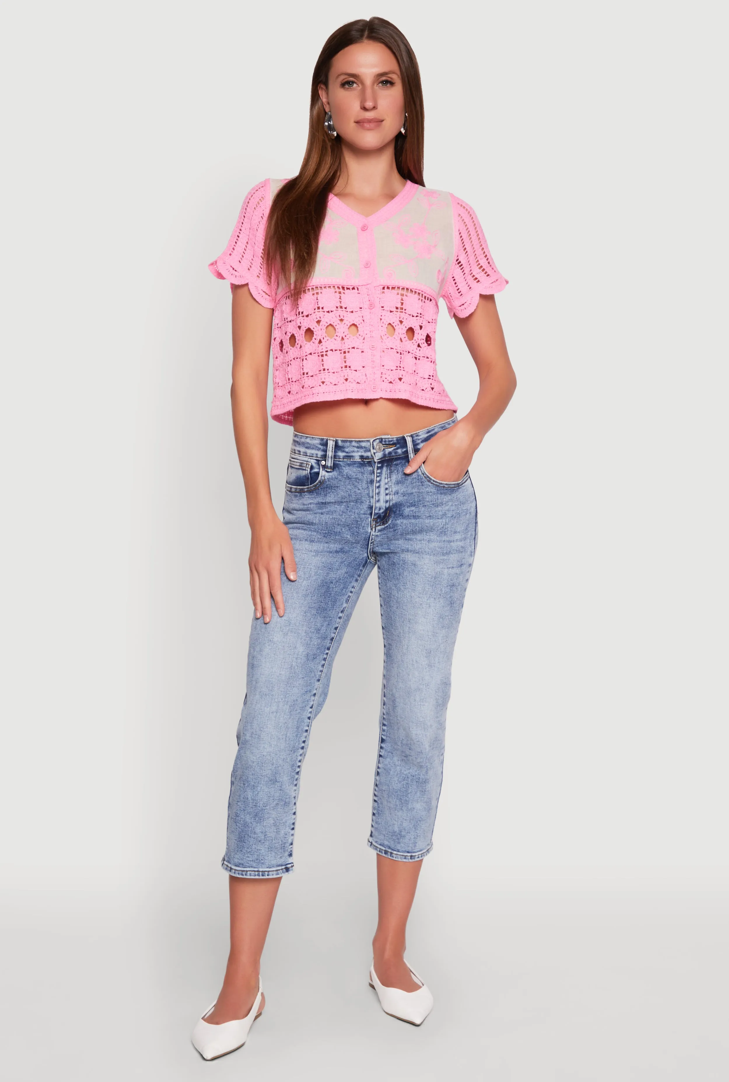 Floral Crochet Button Front Top sold by Rainbow