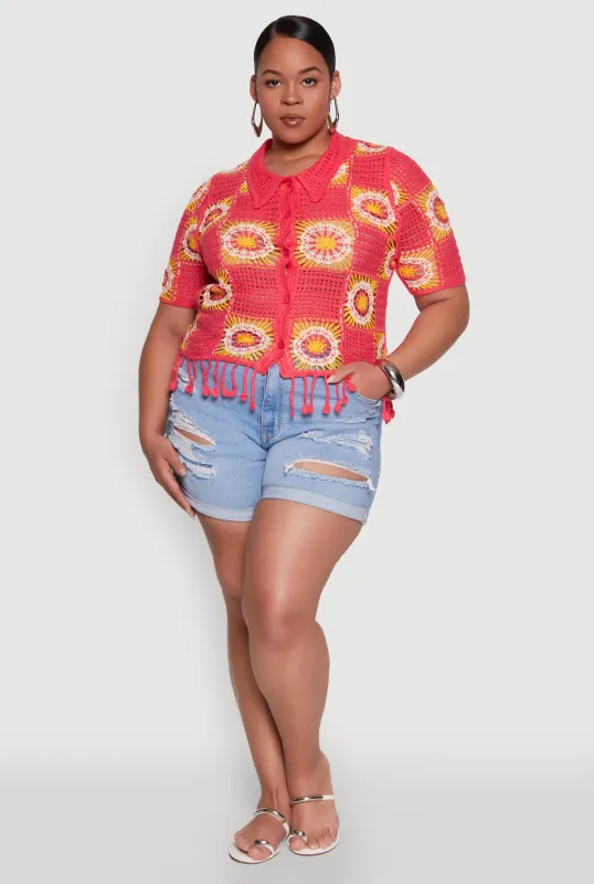 Plus Size Boho Crochet Fringe Shirt sold by Rainbow