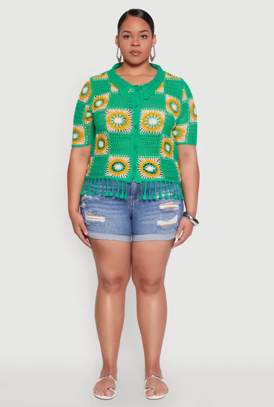 Plus Size Boho Crochet Fringe Shirt sold by Rainbow
