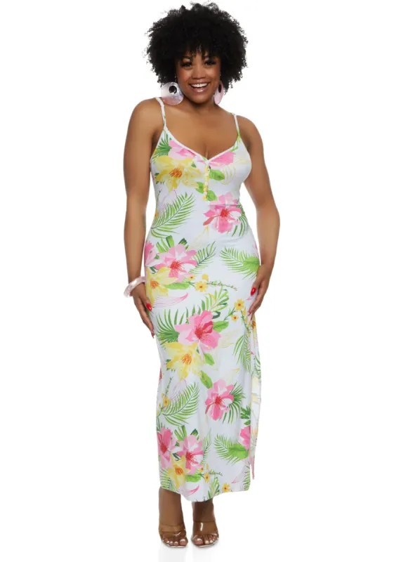 Plus Size Tropical Printed Button Front Maxi Dress sold by Rainbow