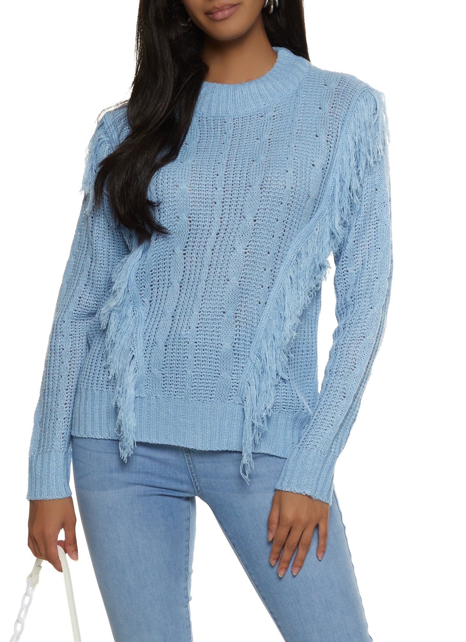 Mock Neck Fringe Cable Knit Sweater sold by Rainbow