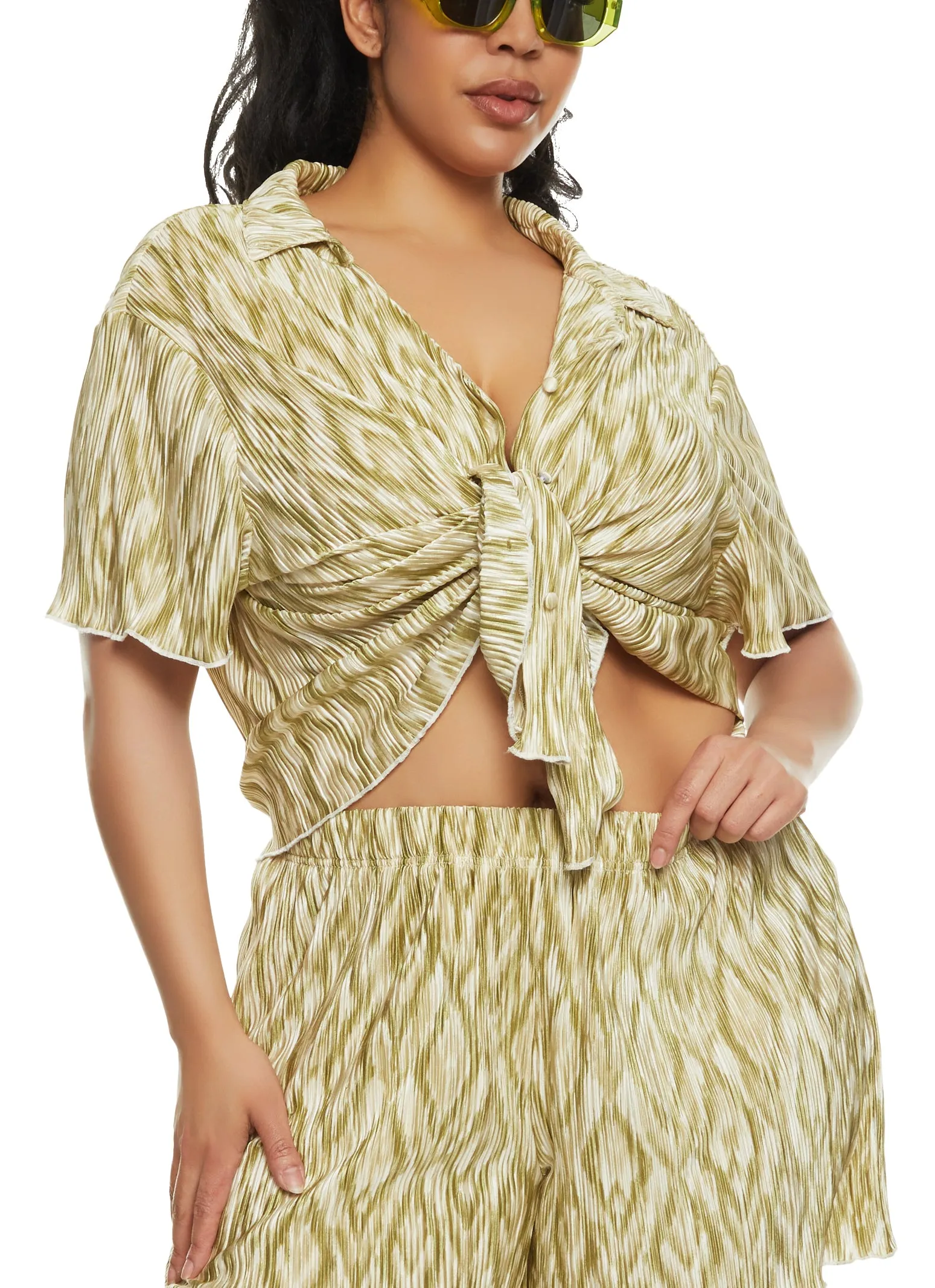 Plus Size Almost Famous Printed Plisse Button Front Shirt sold by Rainbow