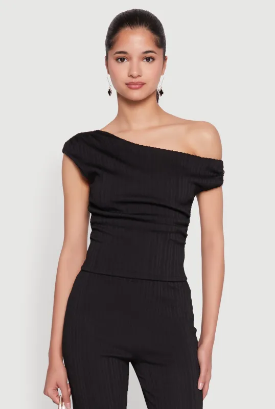 Textured Knit One Shoulder Crop Top sold by Rainbow