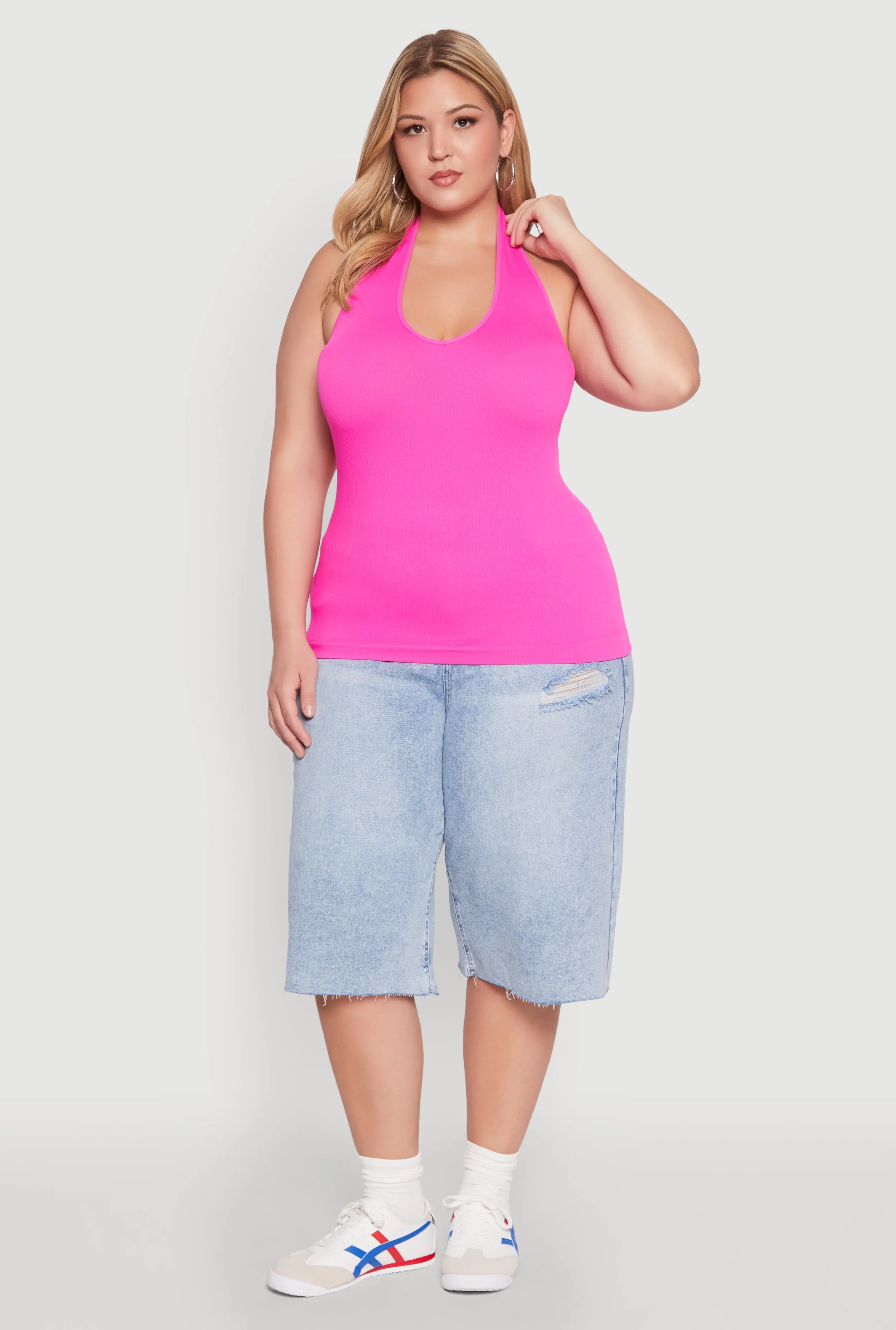 Plus Size Ribbed Knit Seamless Halter Top sold by Rainbow