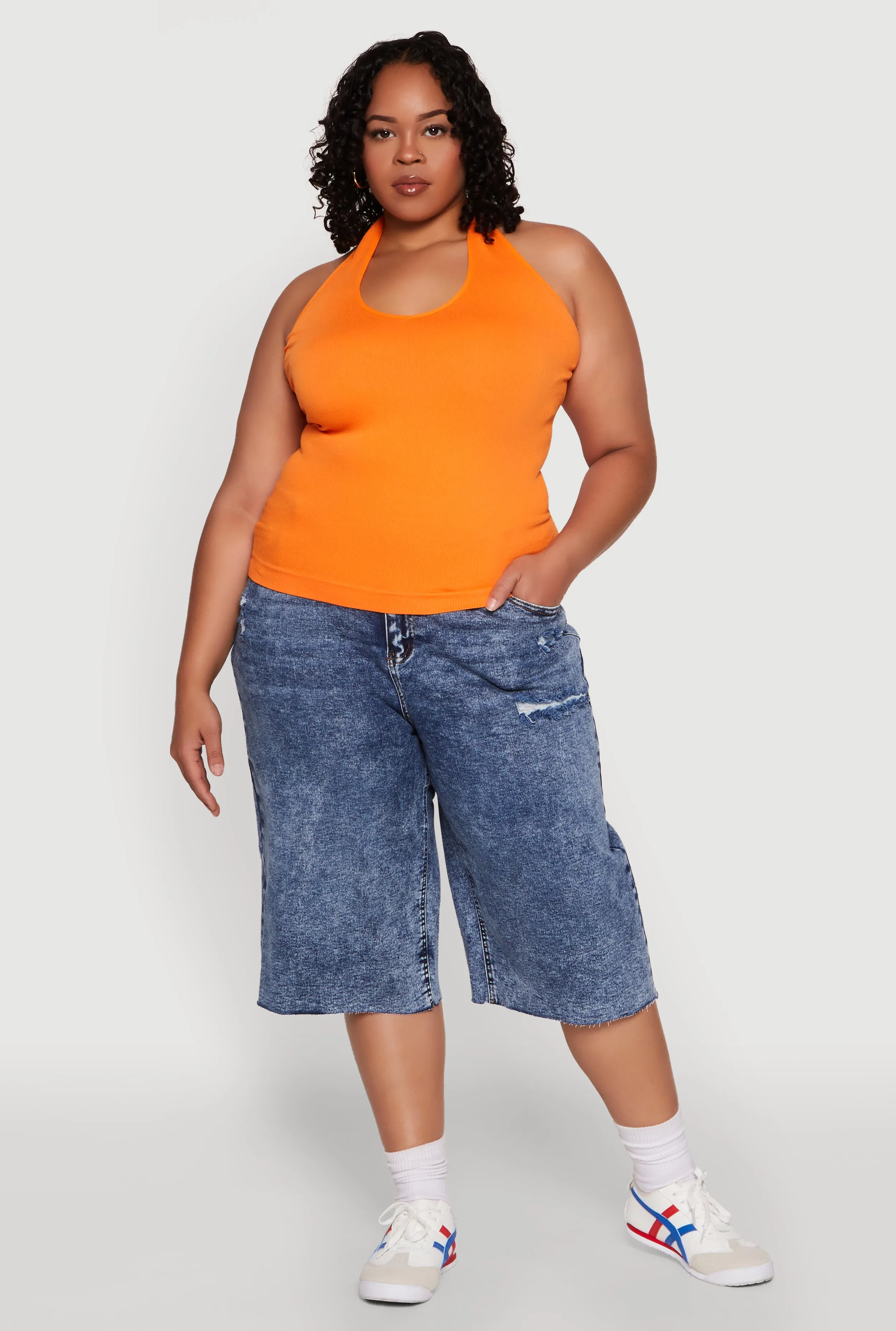 Plus Size Ribbed Knit Seamless Halter Top sold by Rainbow