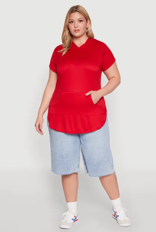 Plus Size Kangaroo Pocket Tunic Hooded Top sold by Rainbow