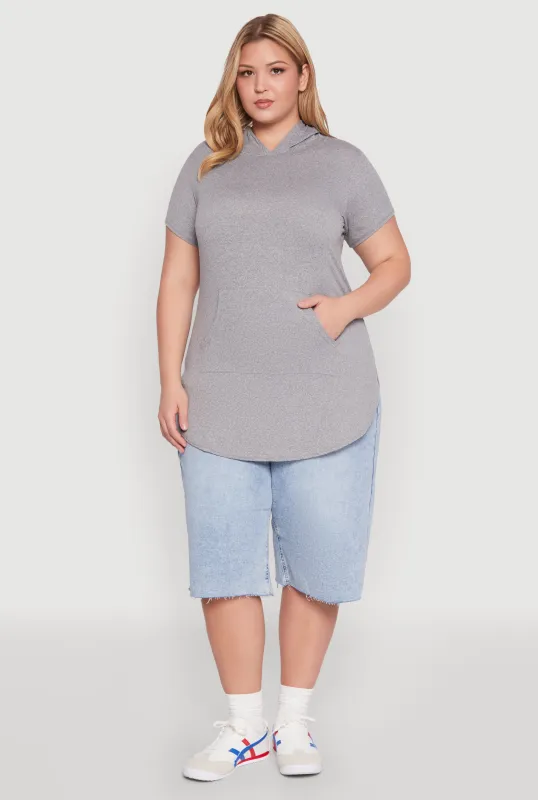 Plus Size Kangaroo Pocket Tunic Hooded Top sold by Rainbow