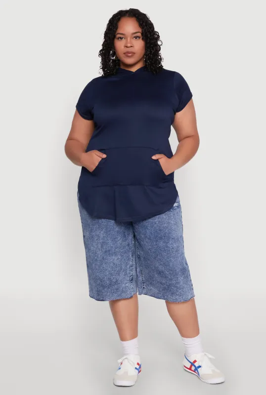 Plus Size Kangaroo Pocket Tunic Hooded Top sold by Rainbow