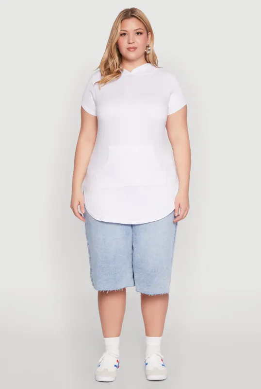 Plus Size Kangaroo Pocket Tunic Hooded Top sold by Rainbow