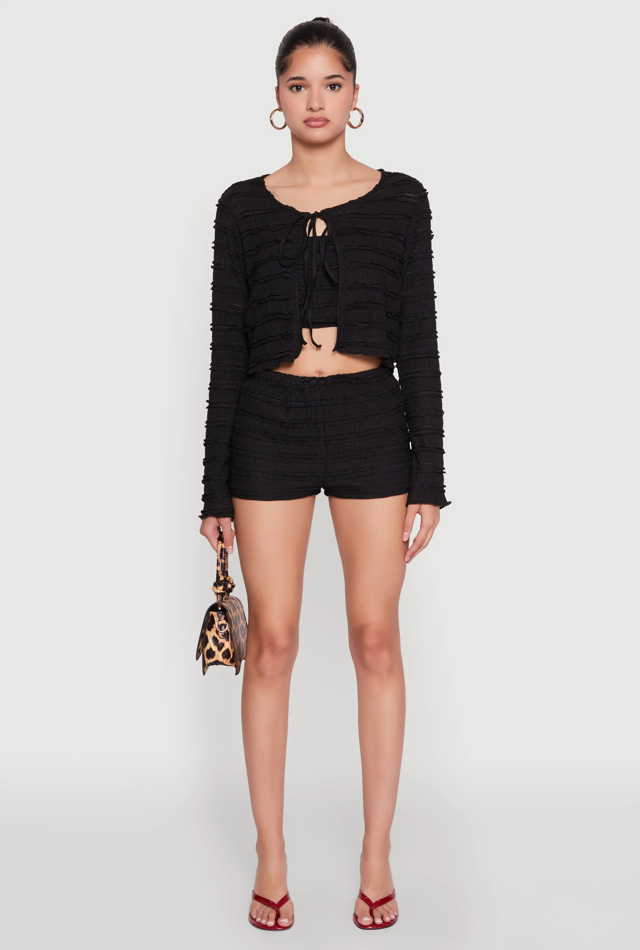 Textured Knit Tie Front Cardigan with Tube Top sold by Rainbow product image thumbnail 3