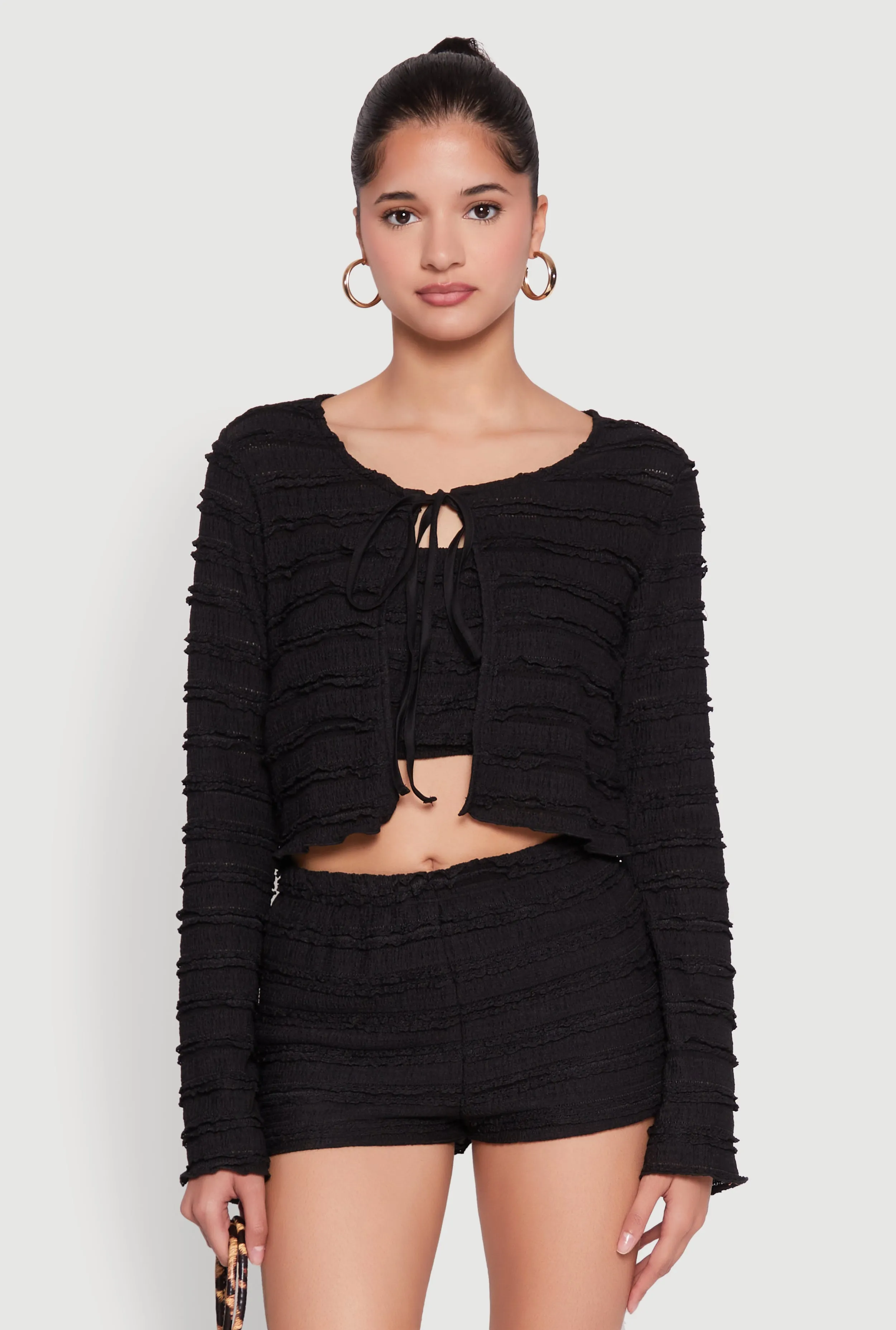 Textured Knit Tie Front Cardigan with Tube Top sold by Rainbow