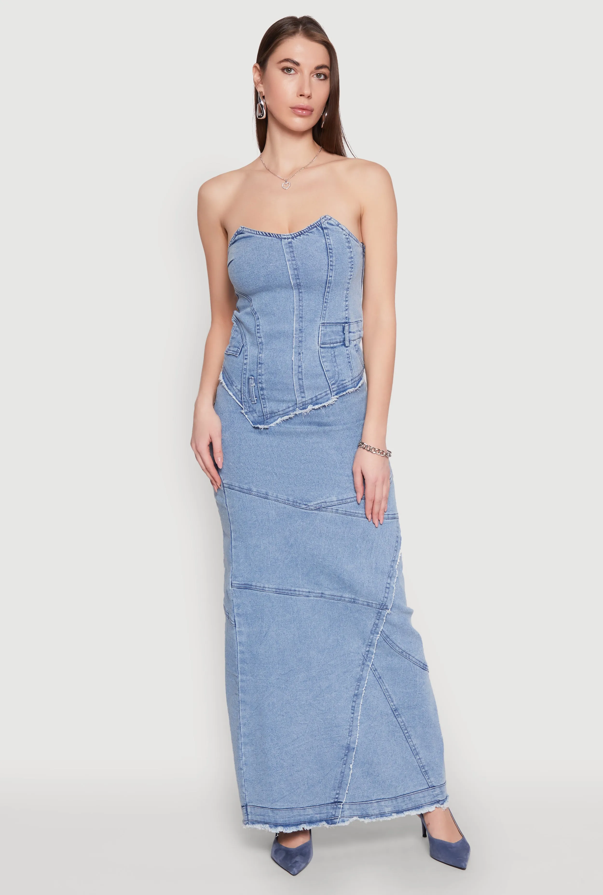 Lace Up Back Strapless Denim Maxi Dress sold by Rainbow