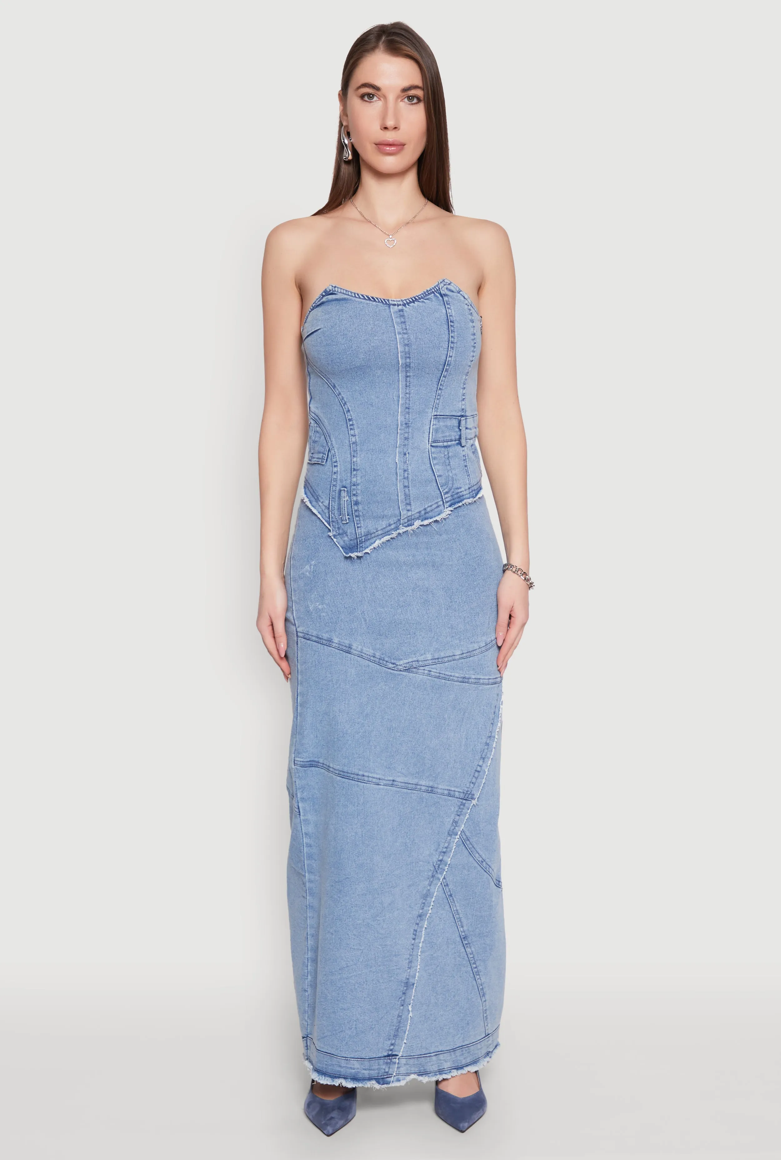 Lace Up Back Strapless Denim Maxi Dress sold by Rainbow product image thumbnail 2