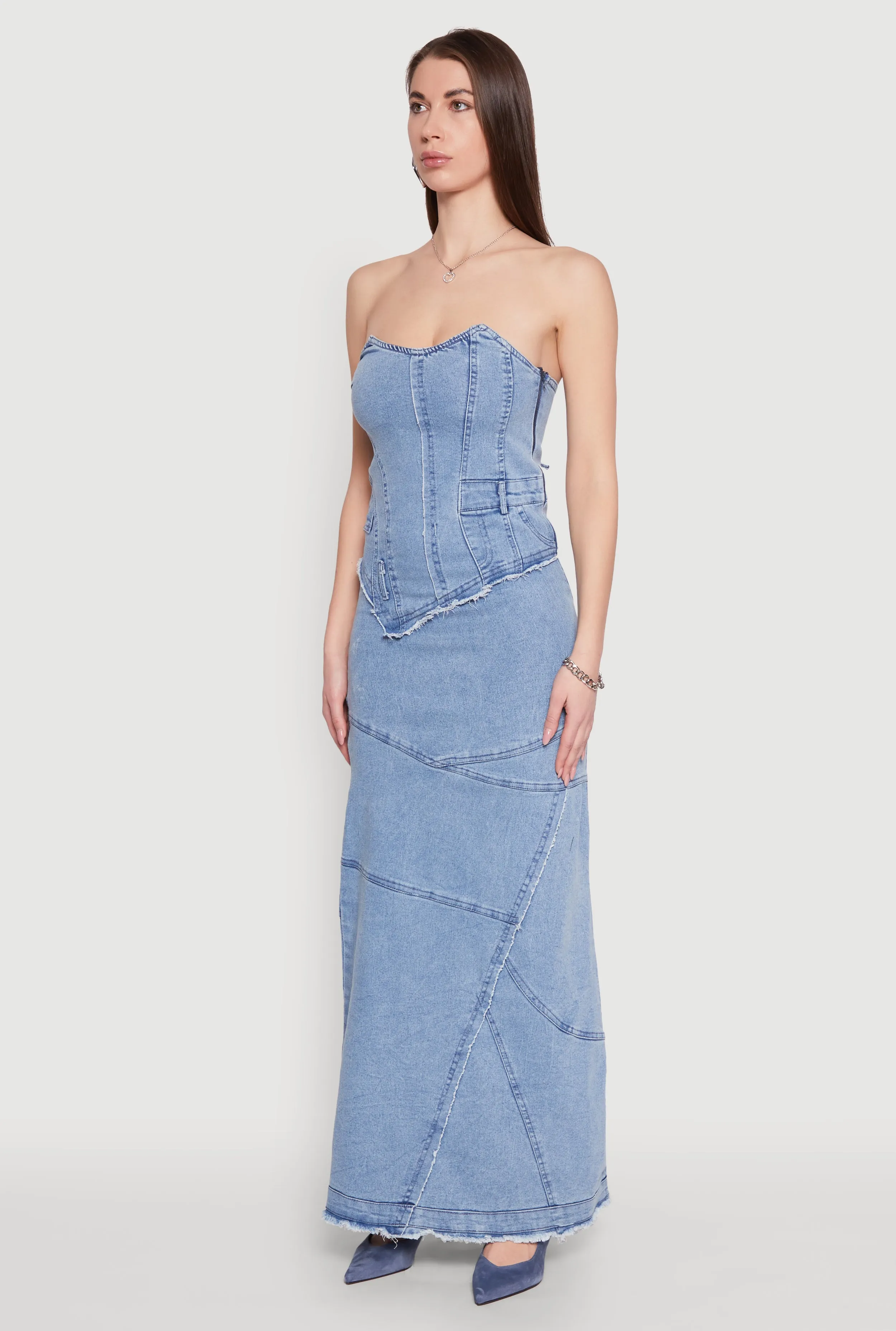 Lace Up Back Strapless Denim Maxi Dress sold by Rainbow product image thumbnail 3