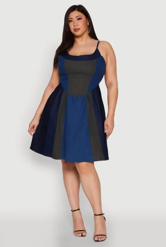 Plus Size Denim Color Blocked Skater Dress sold by Rainbow
