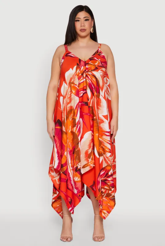 Plus Size Leaf Print Sharkbite Hem Maxi Dress sold by Rainbow