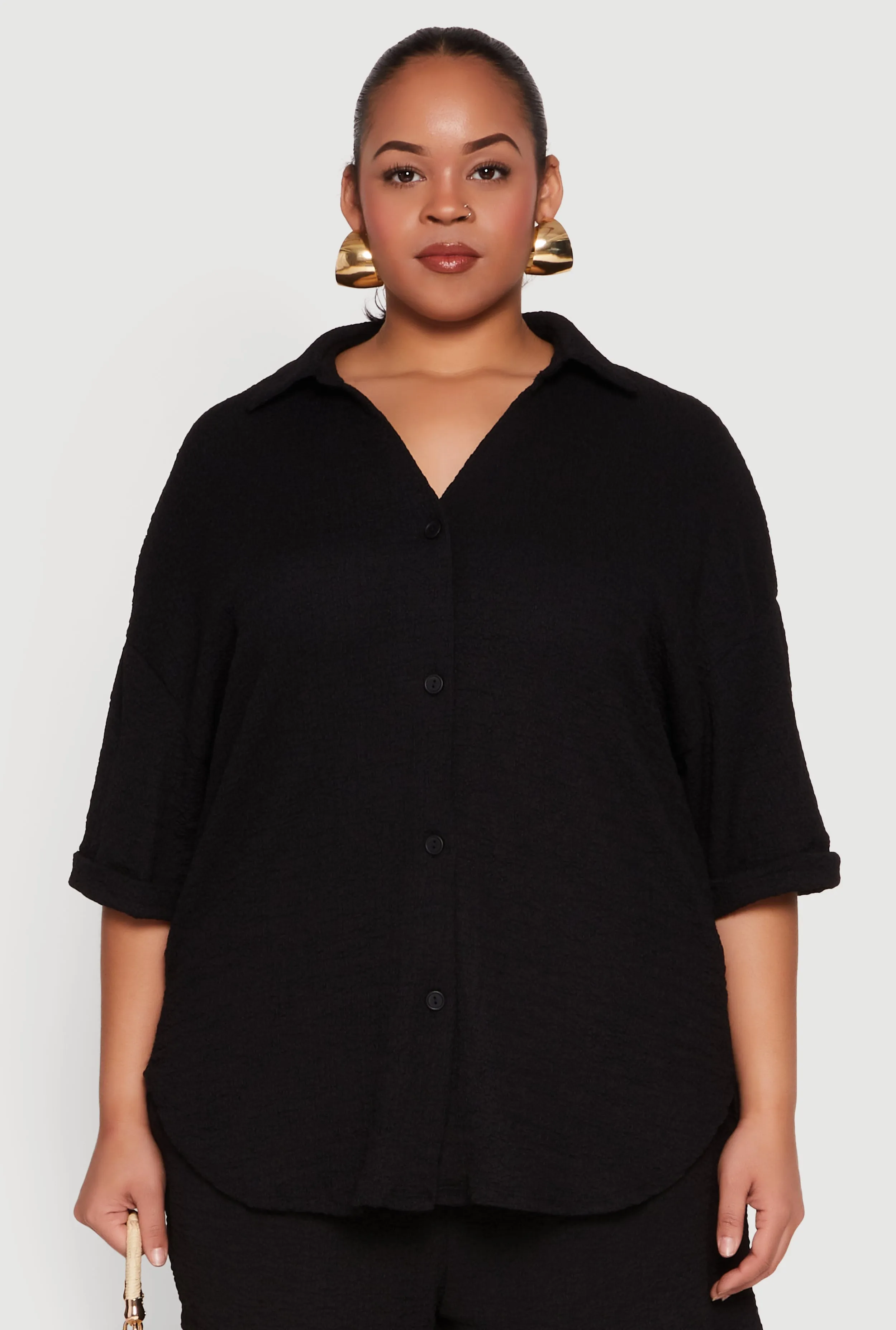 Plus Size Textured Knit Oversized Shirt sold by Rainbow