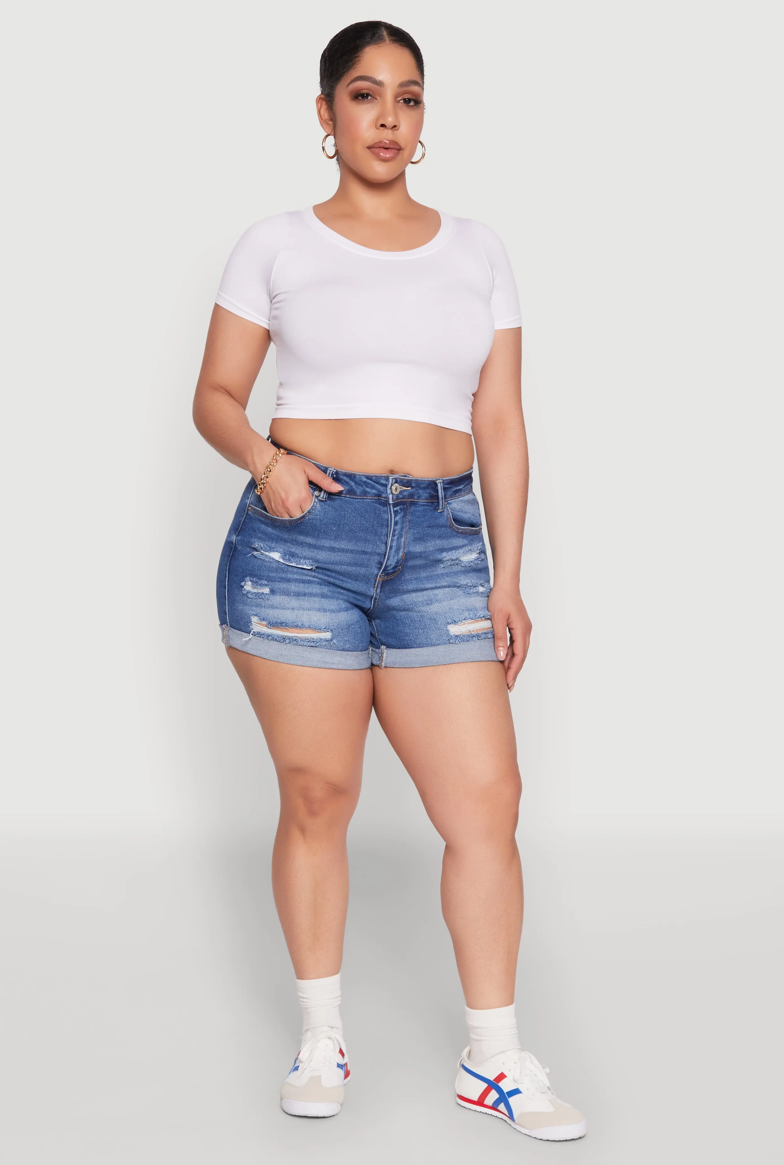 Plus Size WAX High Waisted Distressed Shorts sold by Rainbow