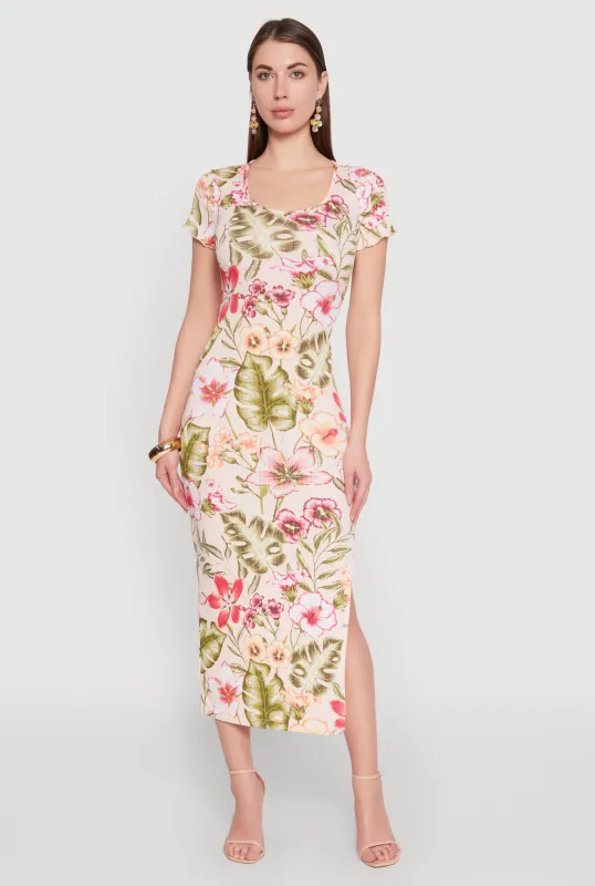 Floral Rib Knit Short Sleeve Midi Dress sold by Rainbow