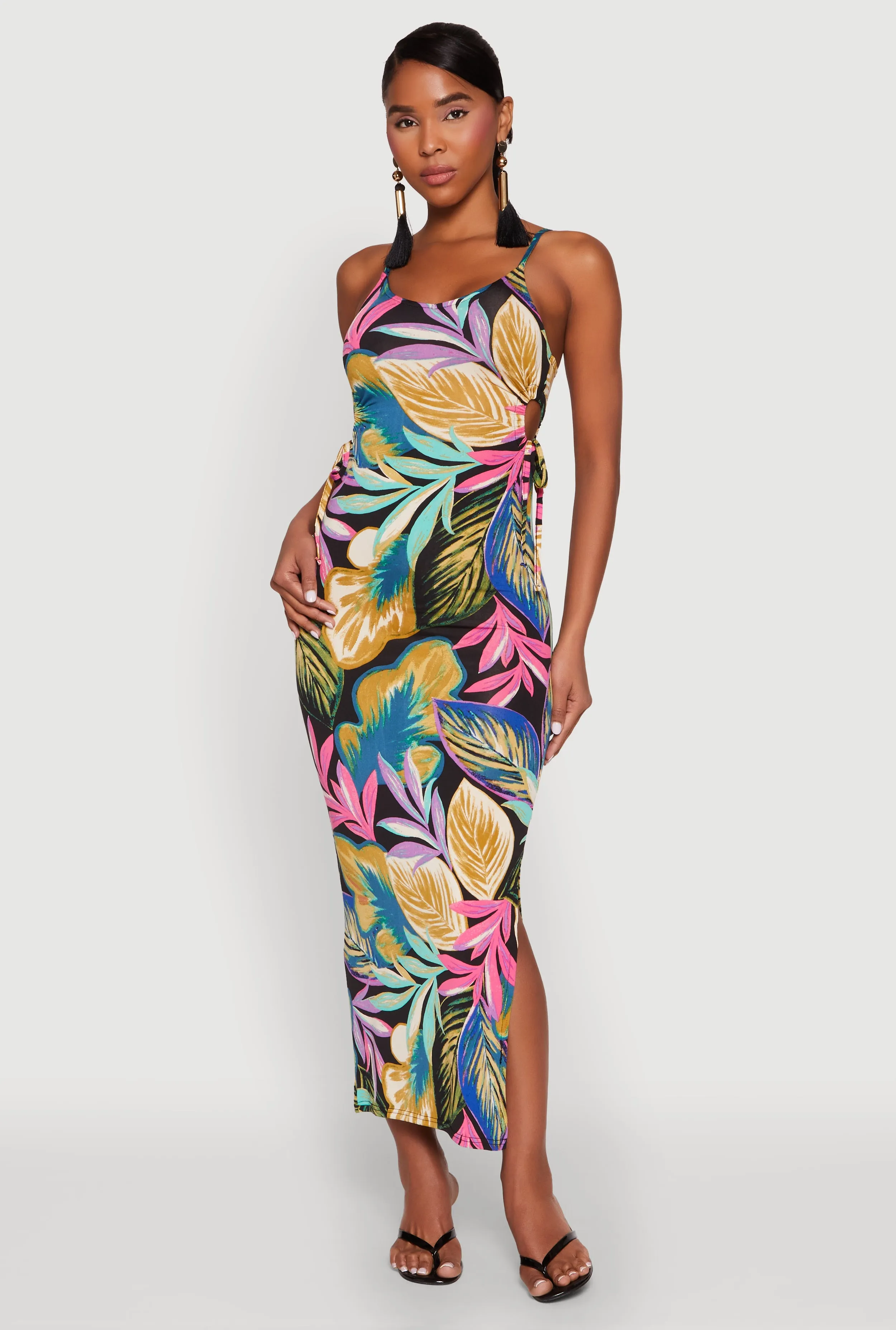Leaf Print Drawstring Side Cut Out Maxi Dress sold by Rainbow product image thumbnail 2