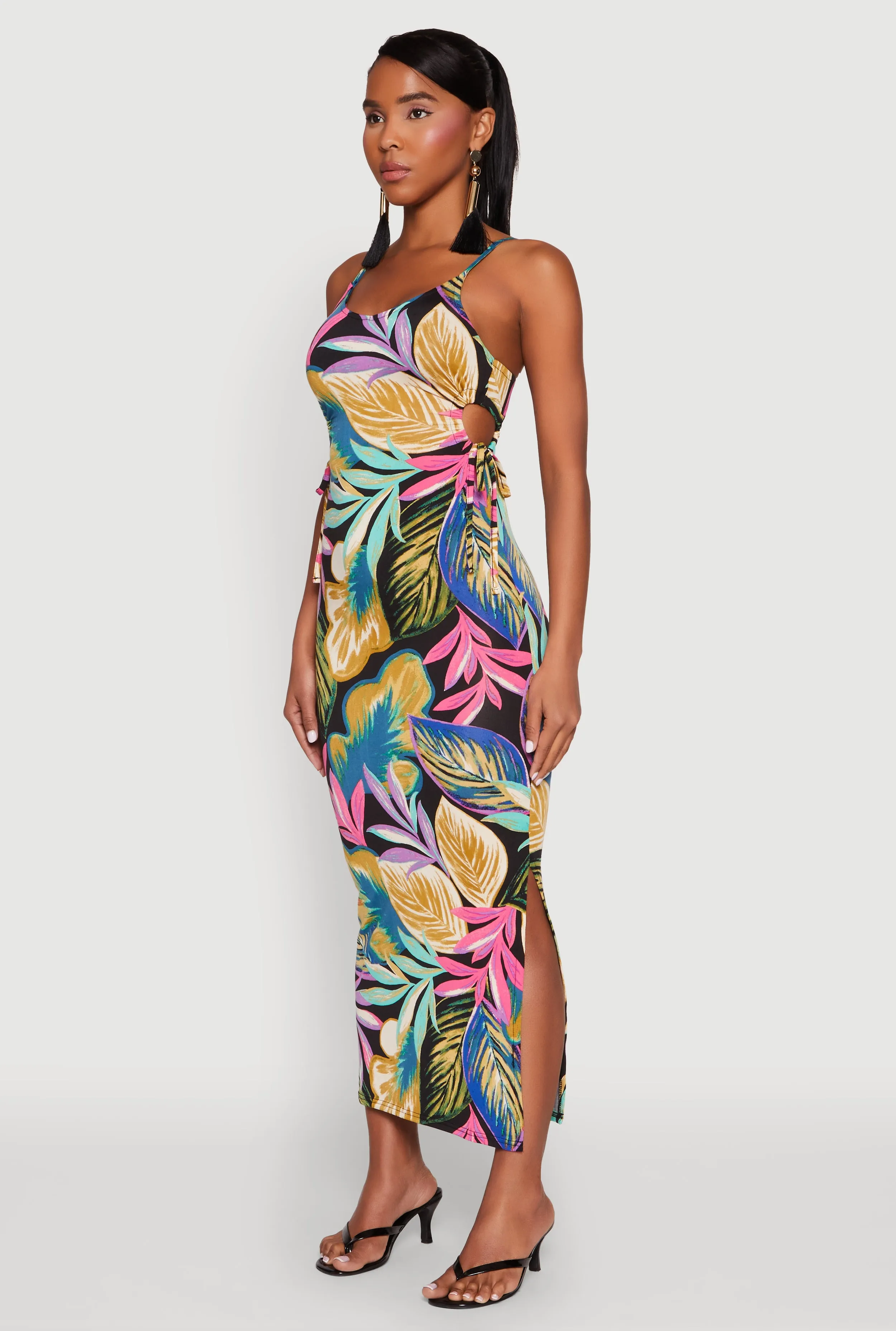 Leaf Print Drawstring Side Cut Out Maxi Dress sold by Rainbow product image thumbnail 3