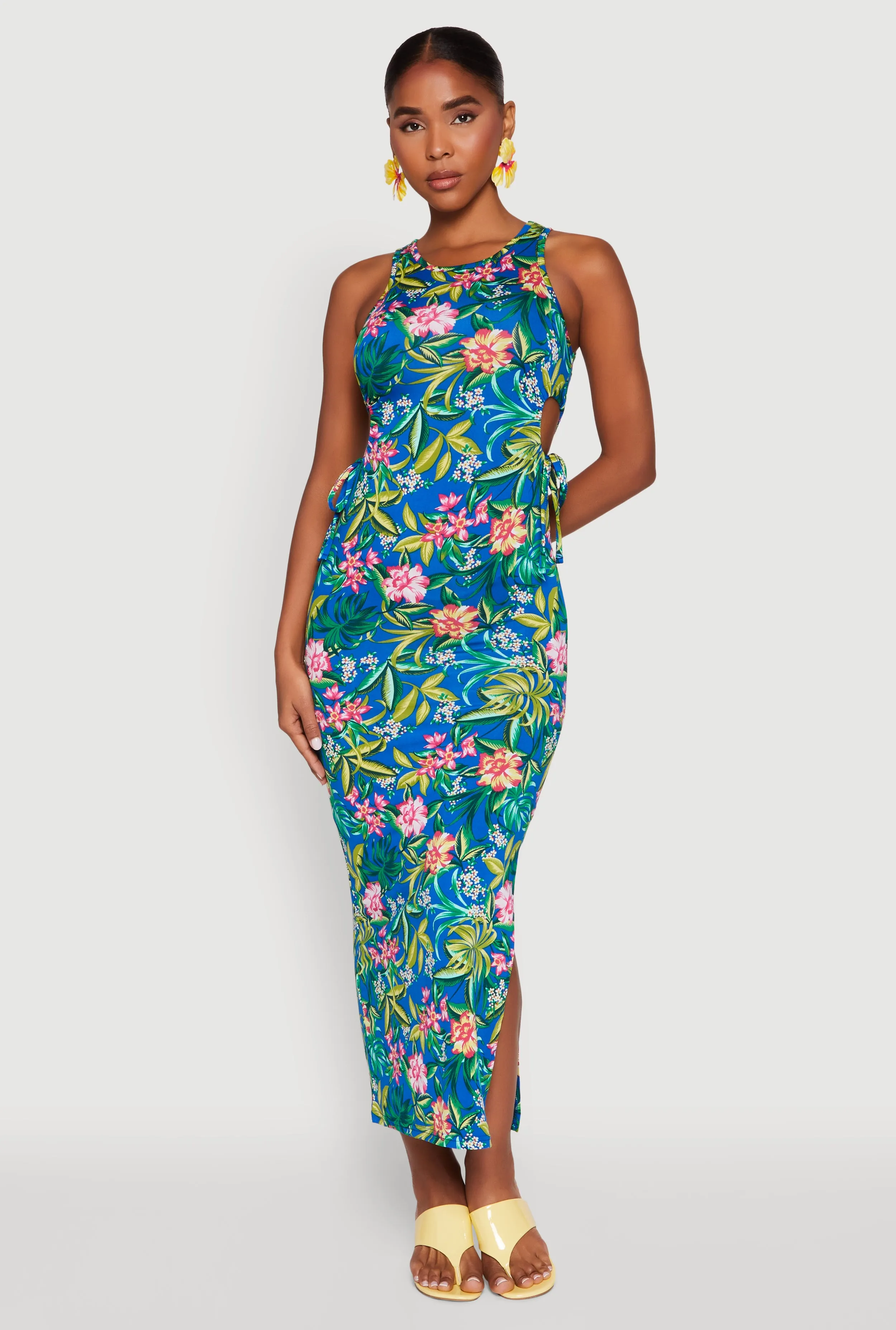 Floral Print Drawstring Side Cut Out Maxi Dress sold by Rainbow