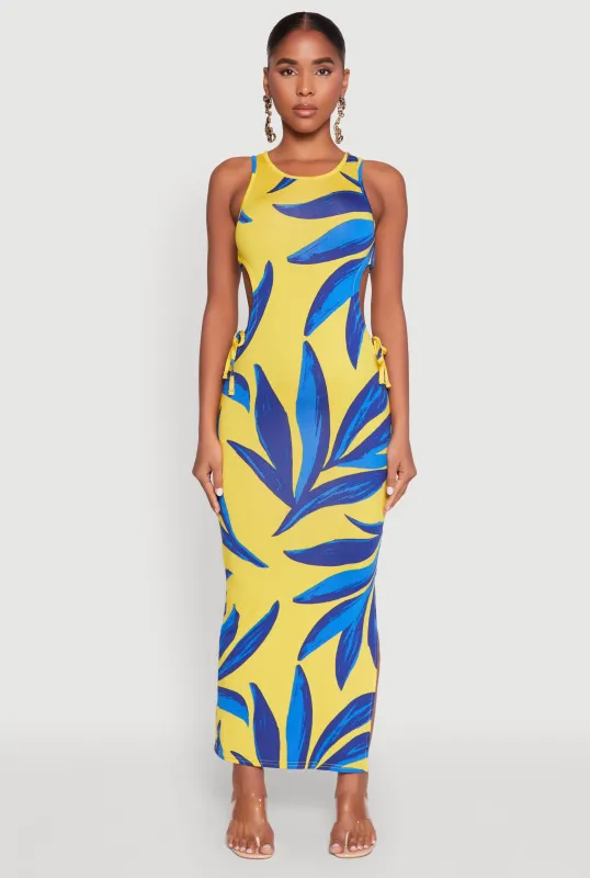 Leaf Print Drawstring Side Cut Out Dress sold by Rainbow