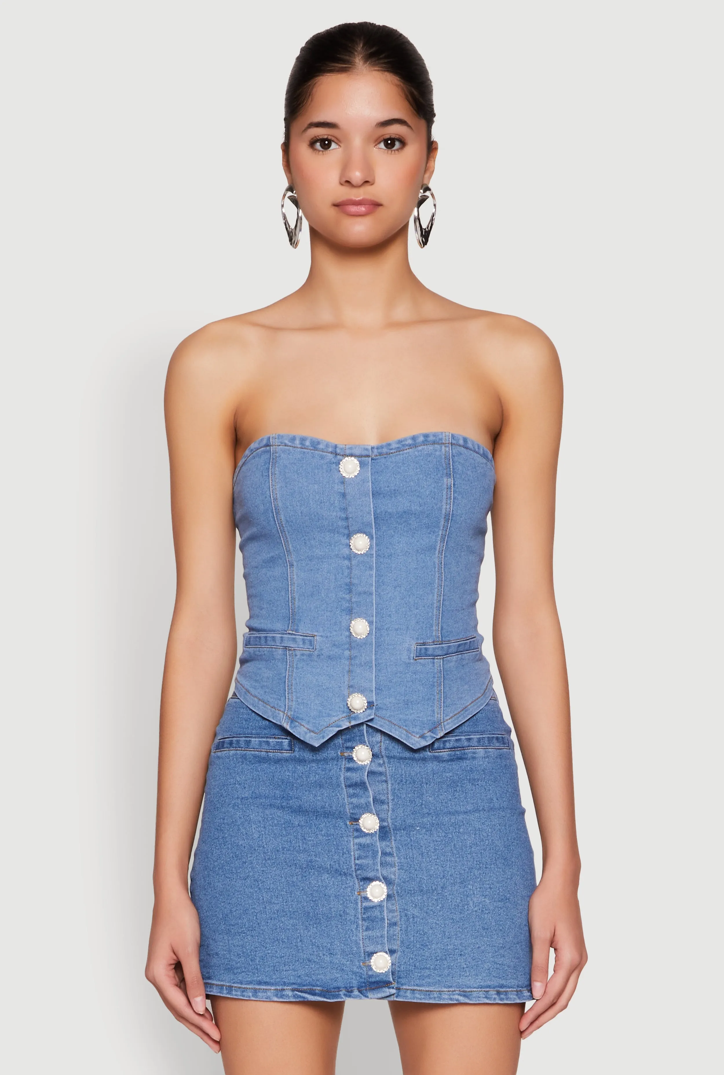 Faux Pearl Denim Tube Top sold by Rainbow